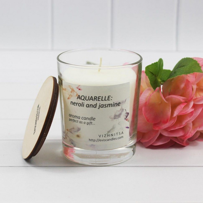 AQUARELLE: neroli and jasmine Свеча арома в стакане с деревянной крышкой