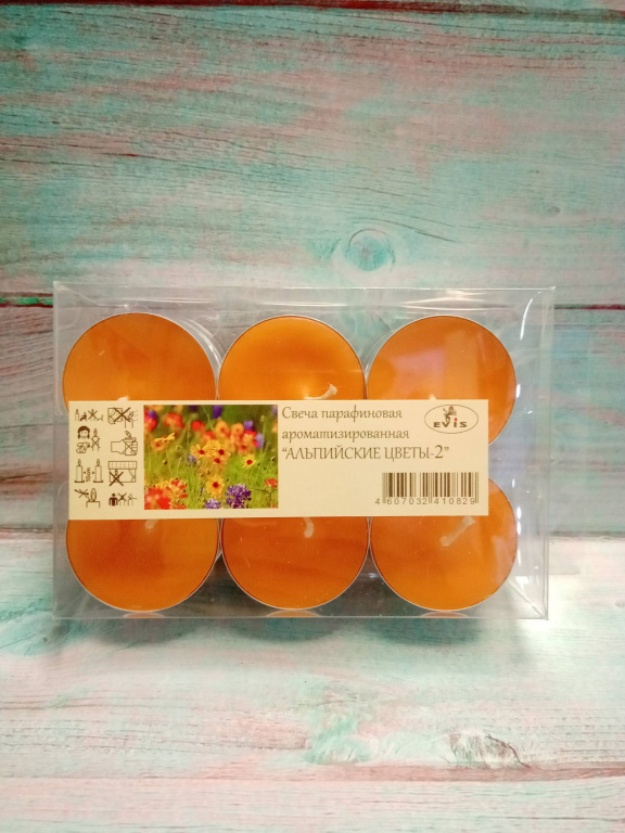 Чайные свечи парафиновые малые D-37мм, 12шт в упак., оранж, аромат альпийские луга