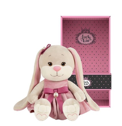 Игрушка мягкая Зайка Лин в платьице с розовым поясом 20см в коробке