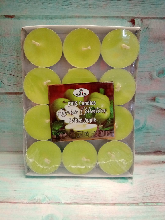 Чайные свечи парафиновые малые D-37мм, 12шт в упак., салатовый, аромат зеленое яблоко