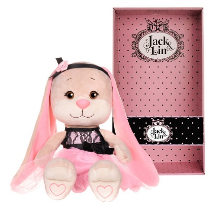 Игрушка мягкая Зайка Лин в розовом платье с черными вставками 25см в коробке