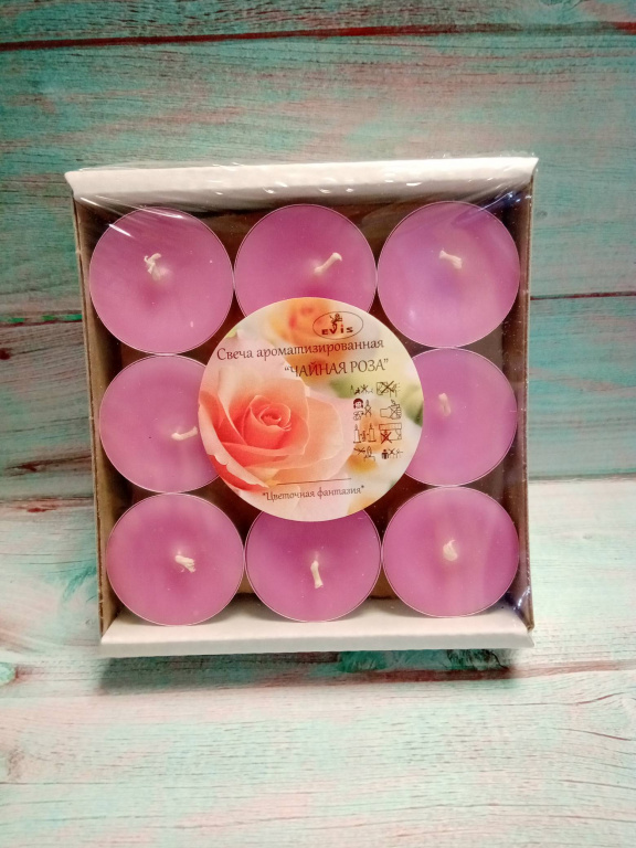 Чайные свечи параф. розовые малые D-37мм, аром., чайная роза. В упаковке 9 штук. 