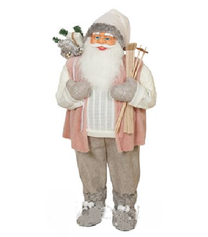 Новог. сувенир Санта-Клаус с подарками и лыжами в розовом жилете 51*25*120см розовый/серый