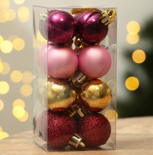 Набор ёлочных шаров, d-3 см, 16 шт, пластик, цвета винный, розовый и золотой