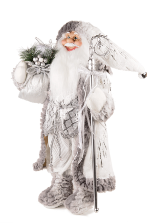 Дед Мороз MAXITOYS, в Длинной Серебряной Шубке с Посохом и Подарками, 45 см