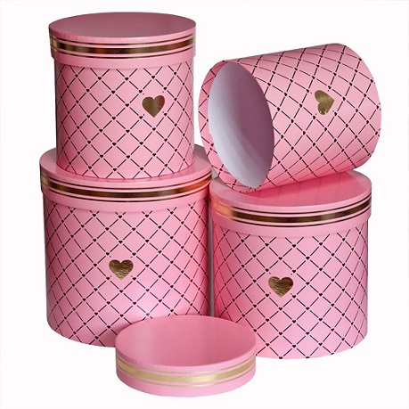 Набор круглых коробок №16  4в1, 20*20*20-15*15*15 розовый с золотым сердцем