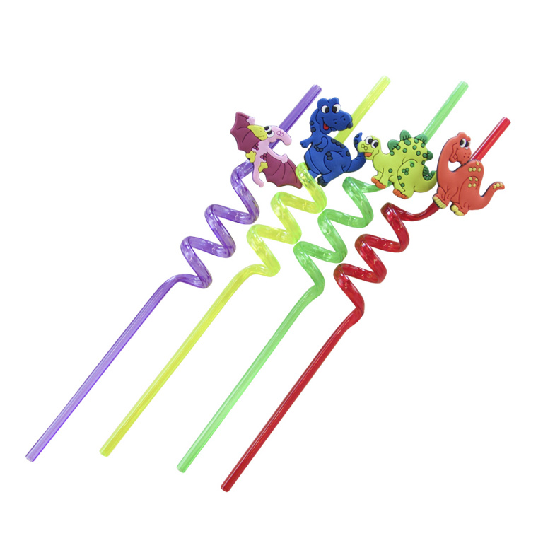 Трубочки для коктейлей (пластик), Динозаврики, Разноцветный, 4 шт