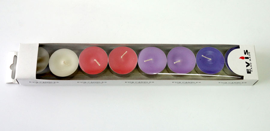 Чайные свечи парафиновые малые D-37мм, разноцветные 8шт.в уп.