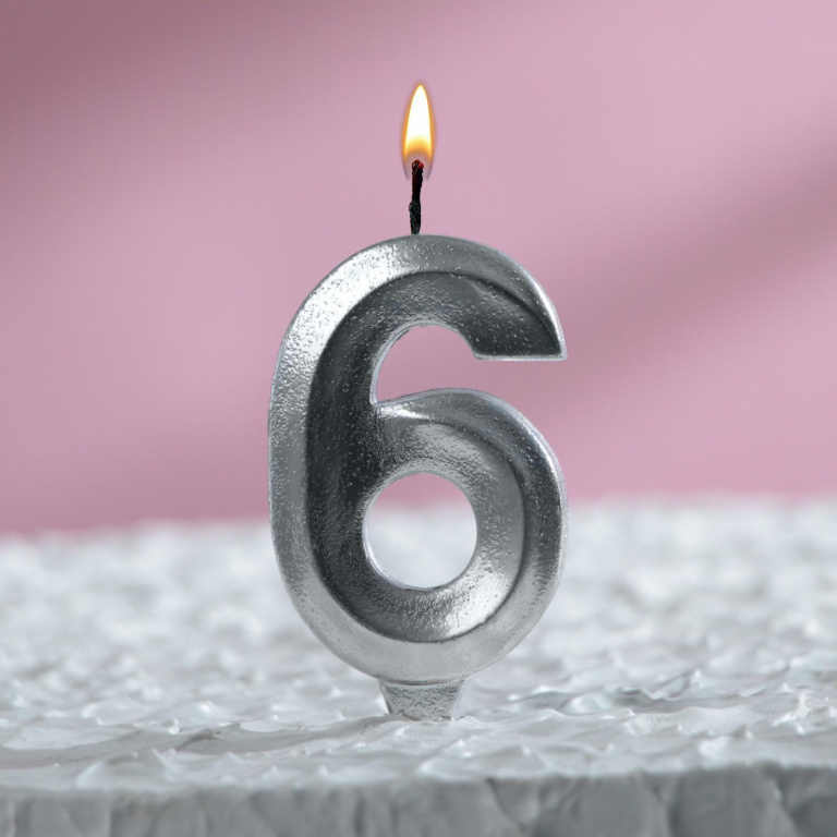 Свеча в торт "Грань", цифра "6", серебрянный металлик