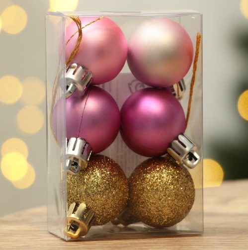 Набор ёлочных шаров, d-3 см, 6 шт, пластик, цвета розовый и золотой