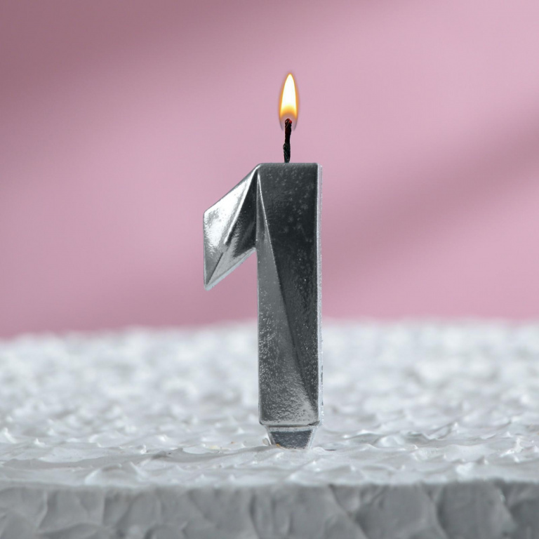 Свеча в торт "Грань", цифра "1", серебрянный металлик