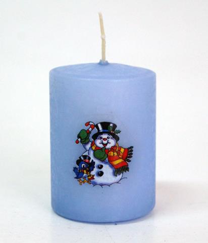 Свеча парафиновая цилиндрическая Снеговик с Воробьем