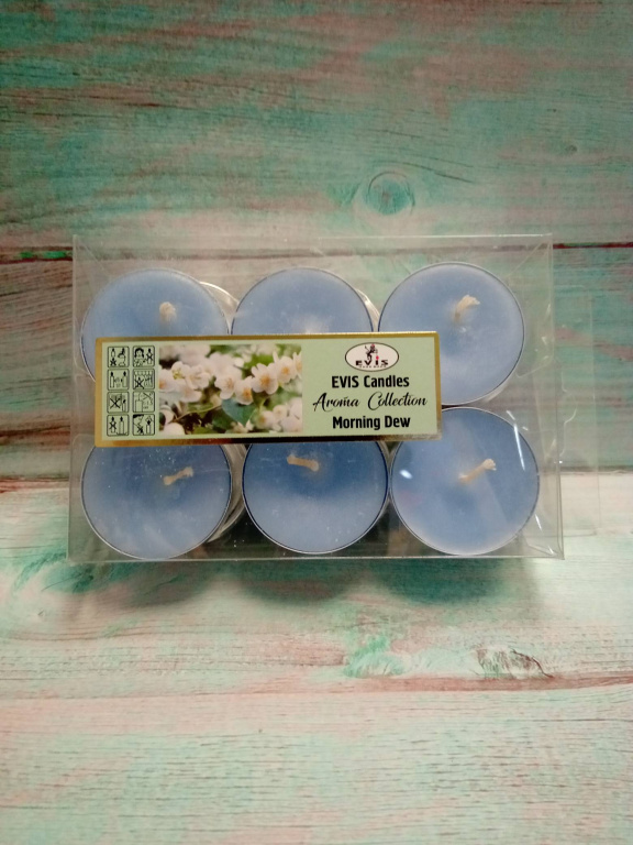 Чайные свечи парафиновые малые D-37мм, 12шт в упак., голубой, аромат утро в саду