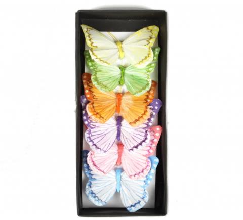 Бабочка перьевая 8.5см 6 цветов пластик. клипса 12шт.  