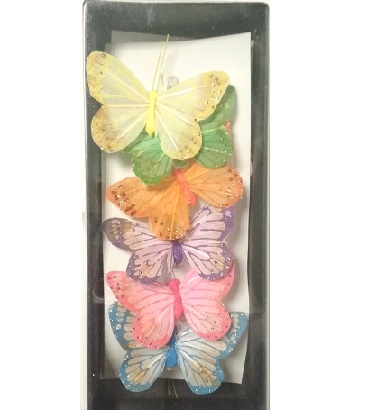 Бабочка перьевая 7.5см 6 цветов пластик. клипса 12шт.  
