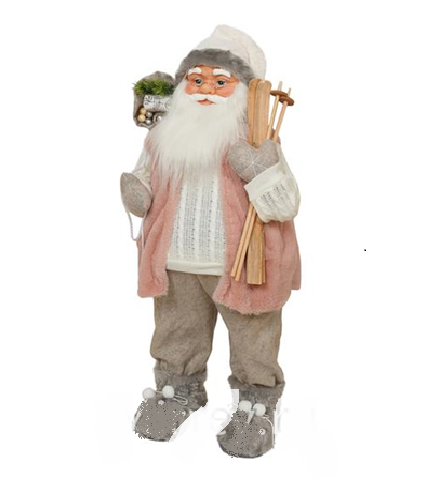 Новог. сувенир Санта-Клаус с подарками и лыжами в розовом жилете 42*25*80см розовый/серый