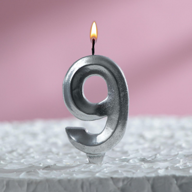 Свеча в торт "Грань", цифра "9", серебрянный металлик