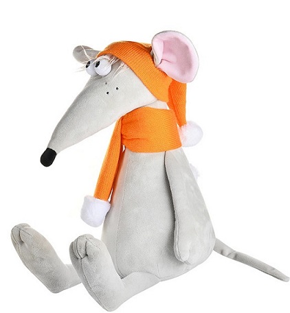 Игрушка мягкая Крыс Денис в оранжевой шапке и шарфе 34см