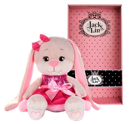 Игрушка мягкая Зайка Лин в розовом платьице с пайетками и мехом 20см в коробке