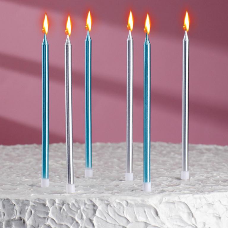 Свечи в торт "Радость", 6 шт, высокие, 13 см, серебряные и голубые
