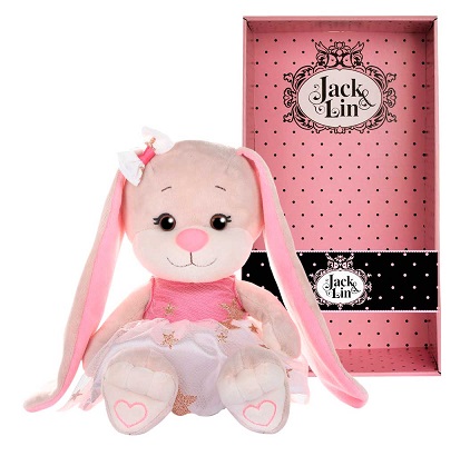 Игрушка мягкая Зайка Лин в бело-розовом платьице со звездочками 20см в коробке