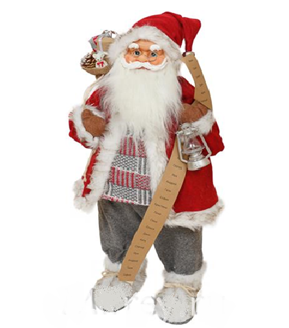 Новог. сувенир Санта-Клаус с подарками и фонариком в красной шубке 42*25*80см красный/серый